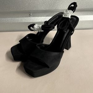 Shoe Dazzle Women's Black Caviar Faux Suede Becky Platform Heeled Sandals - 11